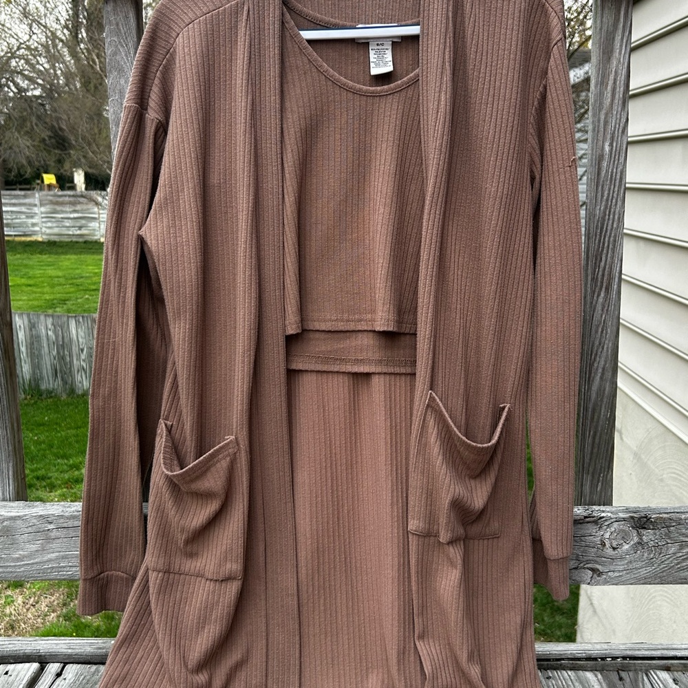 Brown Ribbed Cardigan and Top Set